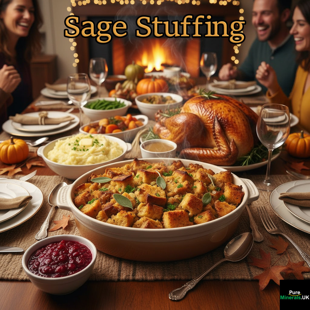 A ceramic dish of golden-brown sage stuffing sits on a traditional Thanksgiving dining table surrounded by roast turkey, cranberry sauce, and mashed potatoes in a cozy, warmly lit dining room.