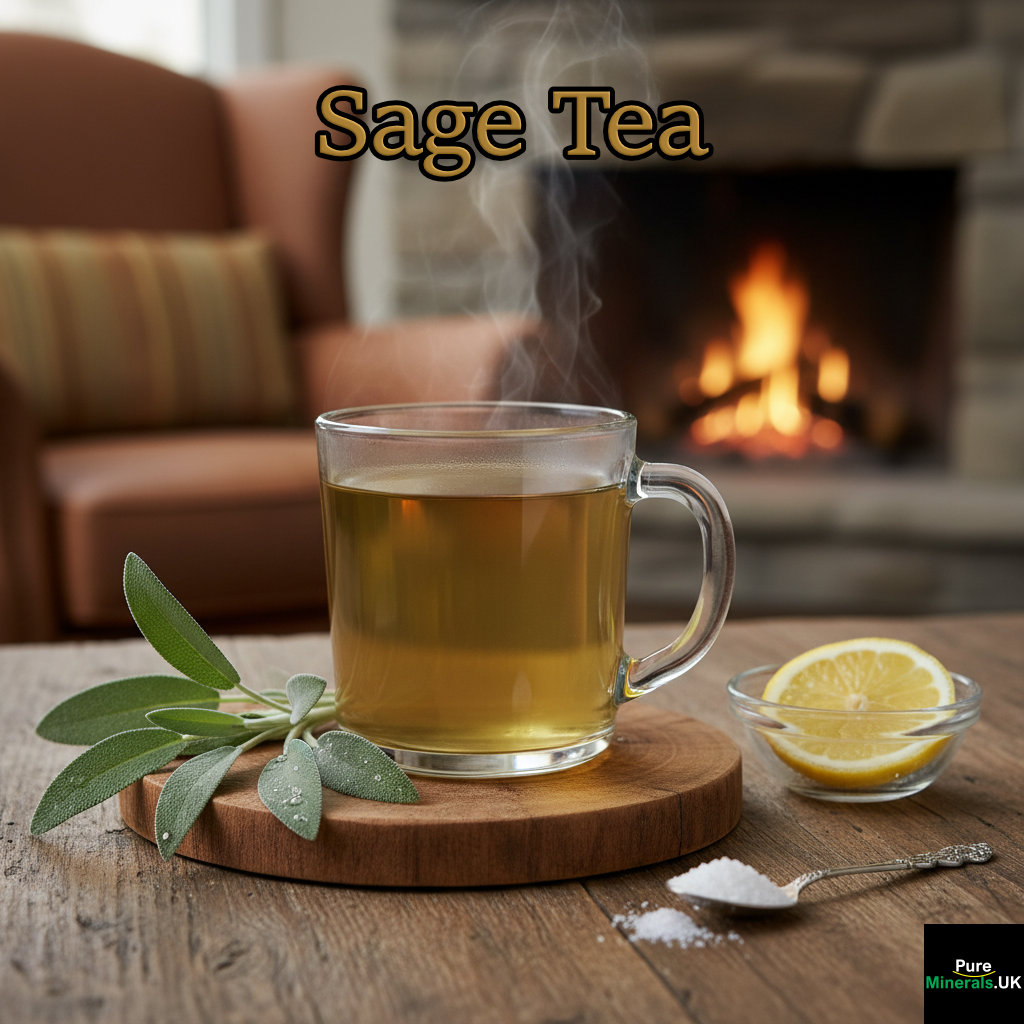 A clear glass mug of warm sage tea on a wooden coaster in a cozy, dimly lit lounge. Fresh sage leaves and a lemon slice are visible beside the mug, representing the tea's preparation for maximum rosmarinic acid extraction.