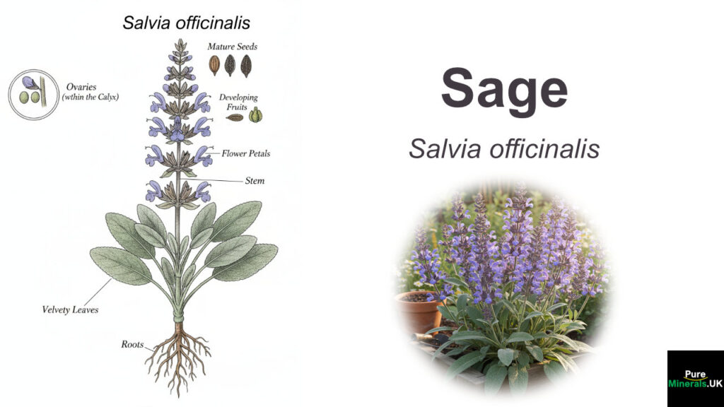 A colored botanical illustration of the common sage plant, Salvia officinalis, with detailed sections showing the roots, stem, leaves, flower parts, and seeds.