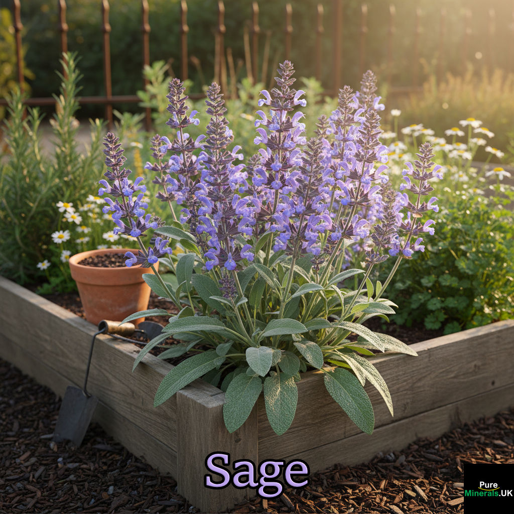 A close-up photograph of a sage plant with purple-blue flowers blooming in a sunny, small herb garden.