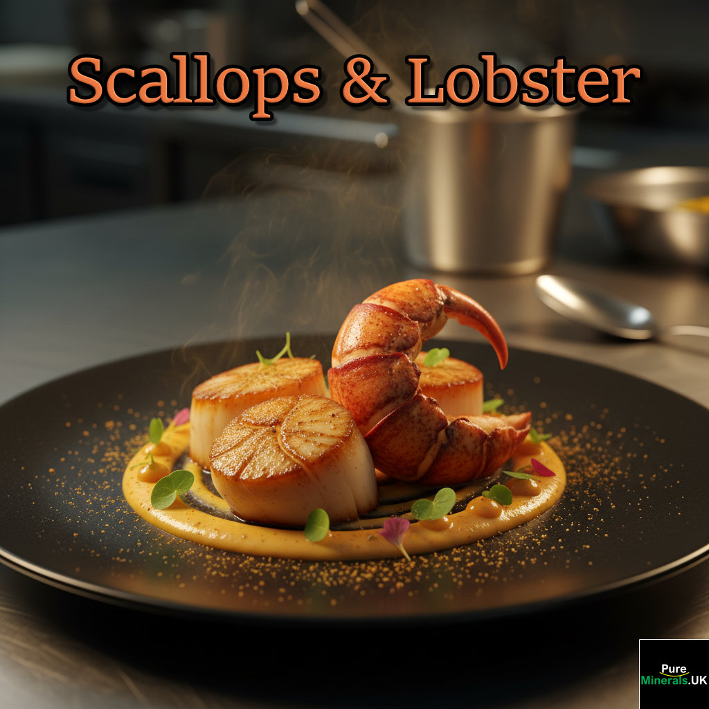 Close-up of a gourmet dish of seared scallops and lobster tail, delicately seasoned with a golden spice (mace), plated on a white dish in a professional kitchen setting.