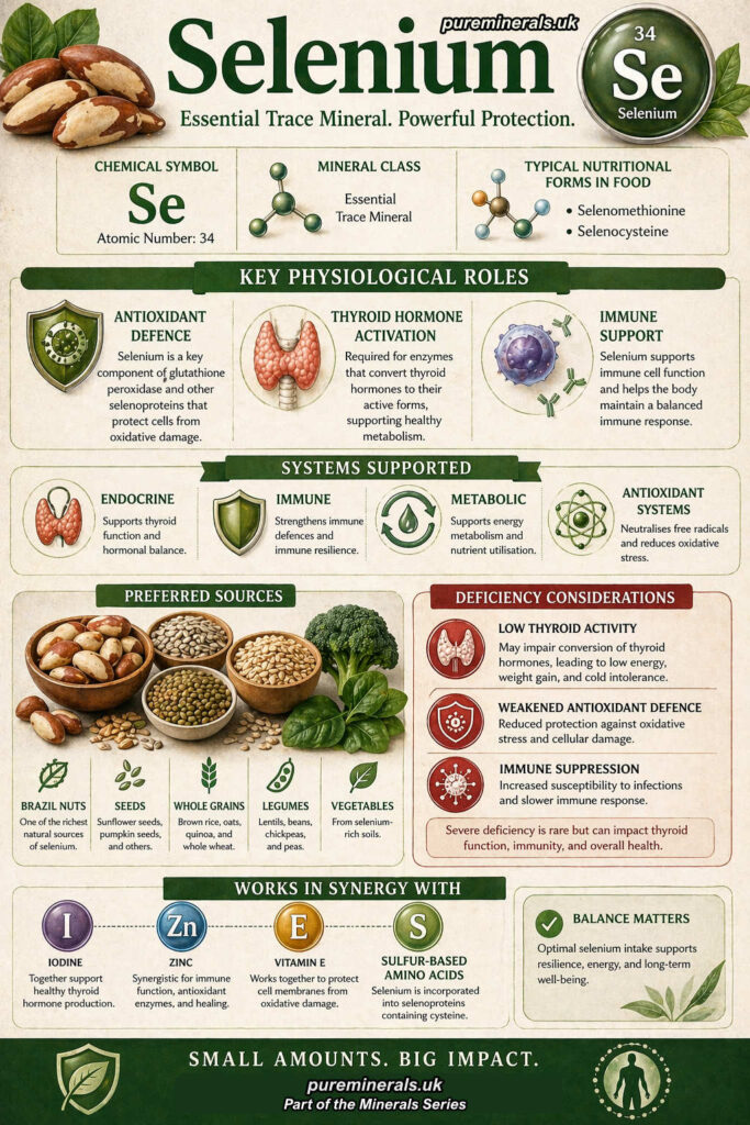 Infographic explaining selenium as an essential trace mineral (Se), highlighting its roles in antioxidant defence, thyroid hormone activation, immune support, and food sources such as Brazil nuts, seeds, whole grains, legumes, and vegetables.