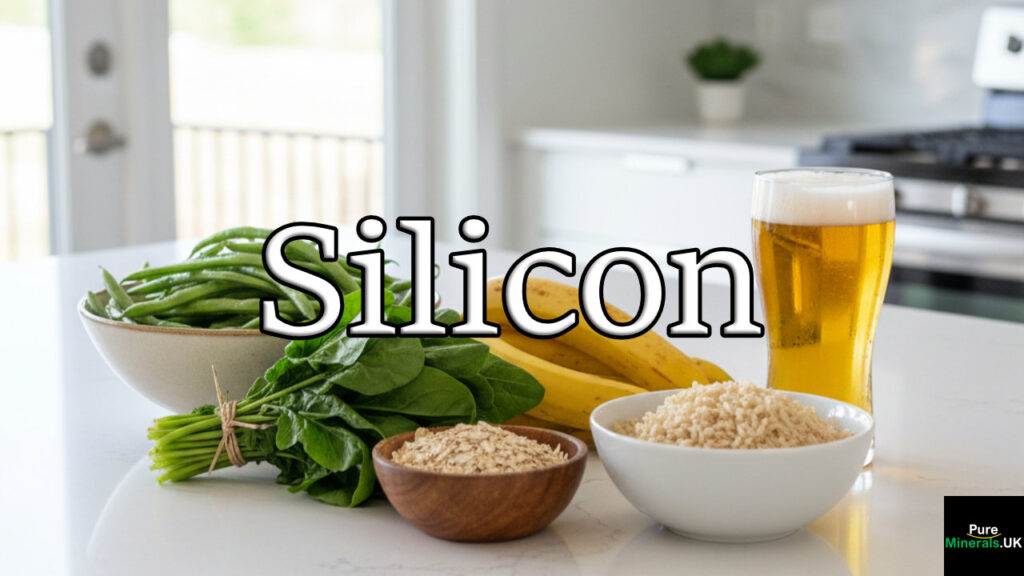 A photo of silicon-rich foods on a kitchen counter: green beans, spinach, bananas, oats, brown rice, and a glass of beer.