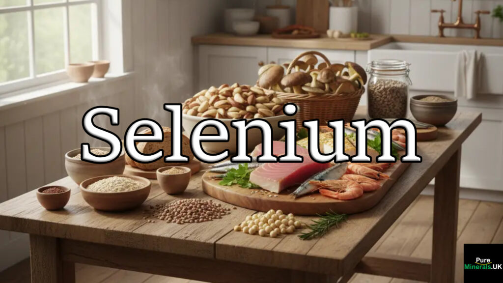 A rustic farmhouse kitchen table with selenium-rich Brazil nuts, yellowfin tuna, halibut, sardines, shrimp, brown rice, oatmeal, whole wheat bread, sunflower seeds, mushrooms, lentils, and chickpeas arranged in bowls and baskets.