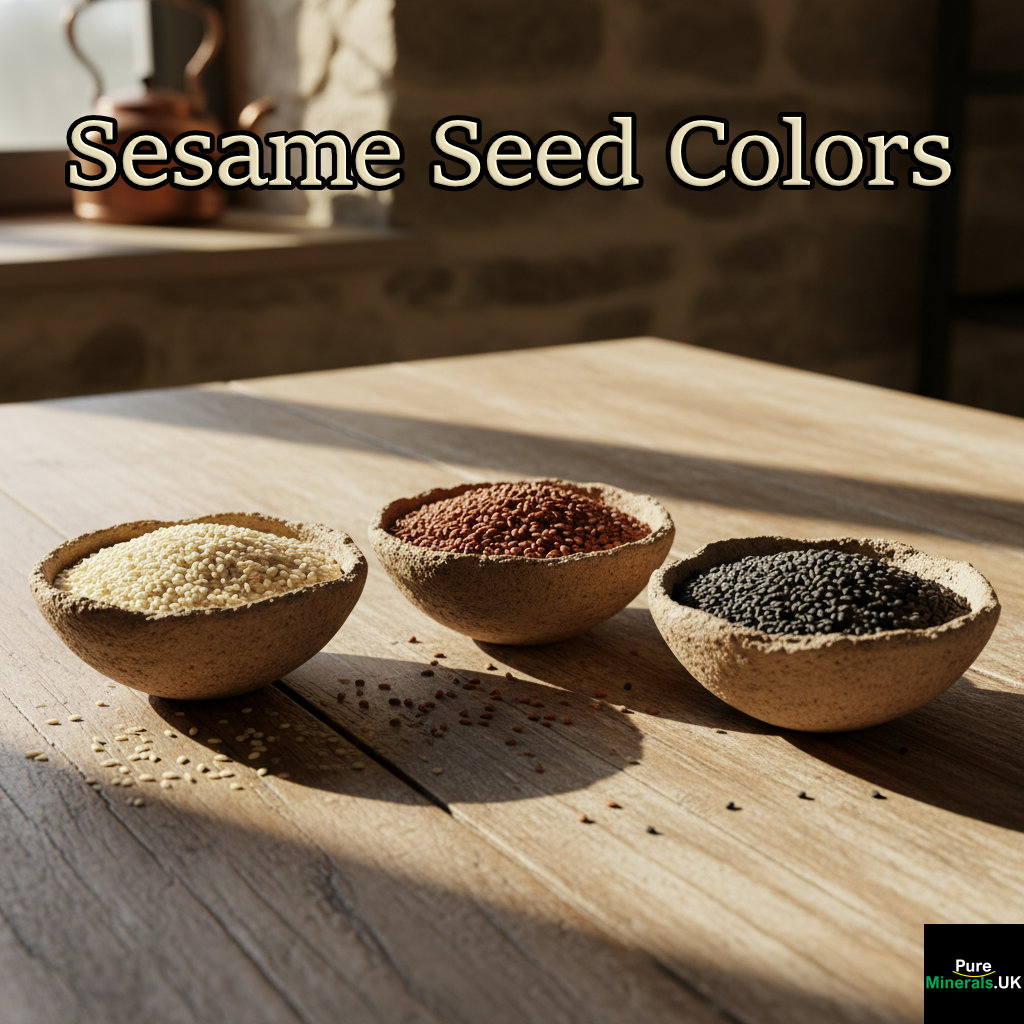 Three small bowls of sesame seeds—white, brown, and black—lined up on a rustic wooden table in a farmhouse kitchen.