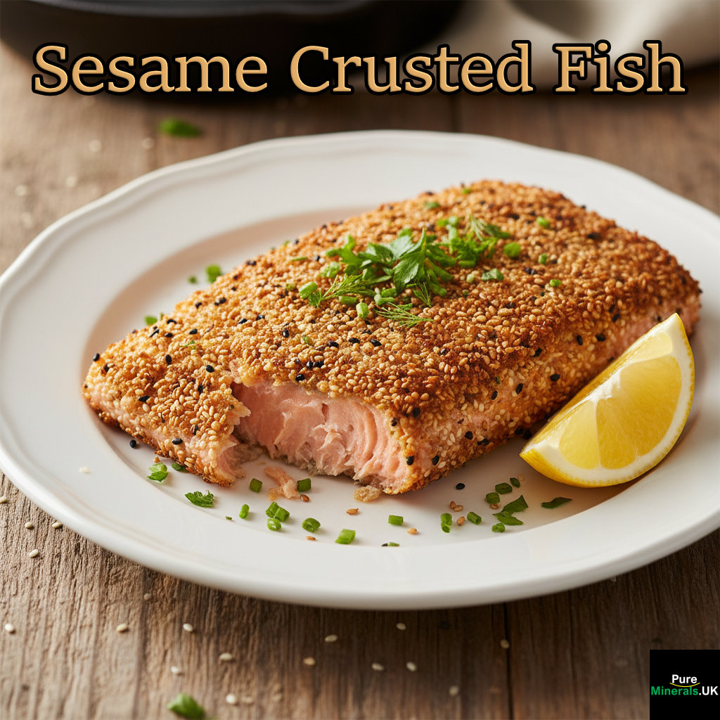 A pan-seared salmon fillet with a crispy sesame seed crust, garnished with herbs and a lemon wedge on a white plate.