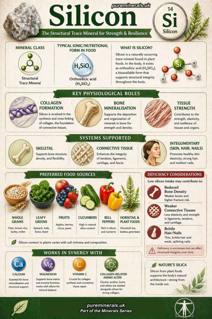 Infographic explaining silicon as a structural trace mineral, highlighting its role in collagen formation, bone mineralisation, connective tissue strength, and sources such as whole grains, leafy greens, fruits, cucumbers, and bell peppers.