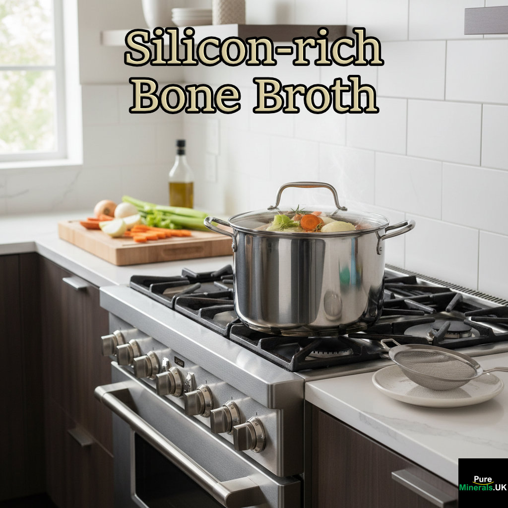 A pot of bone broth with bones and vegetables simmering on a gas stove in a modern kitchen, with steam rising from the pot.