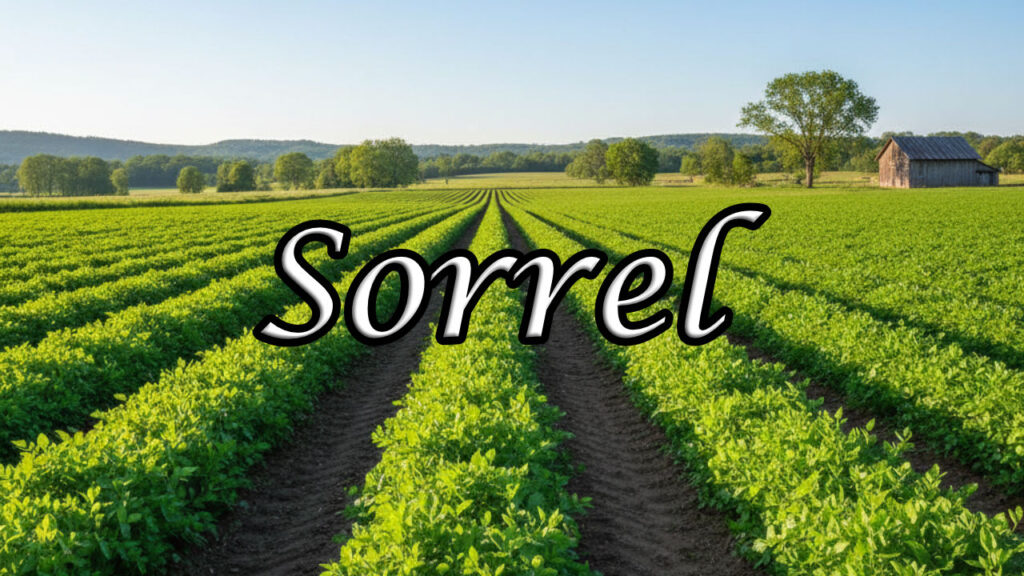 A vast farm field of bright green Sorrel plants growing in neat rows under a sunny, clear blue sky.