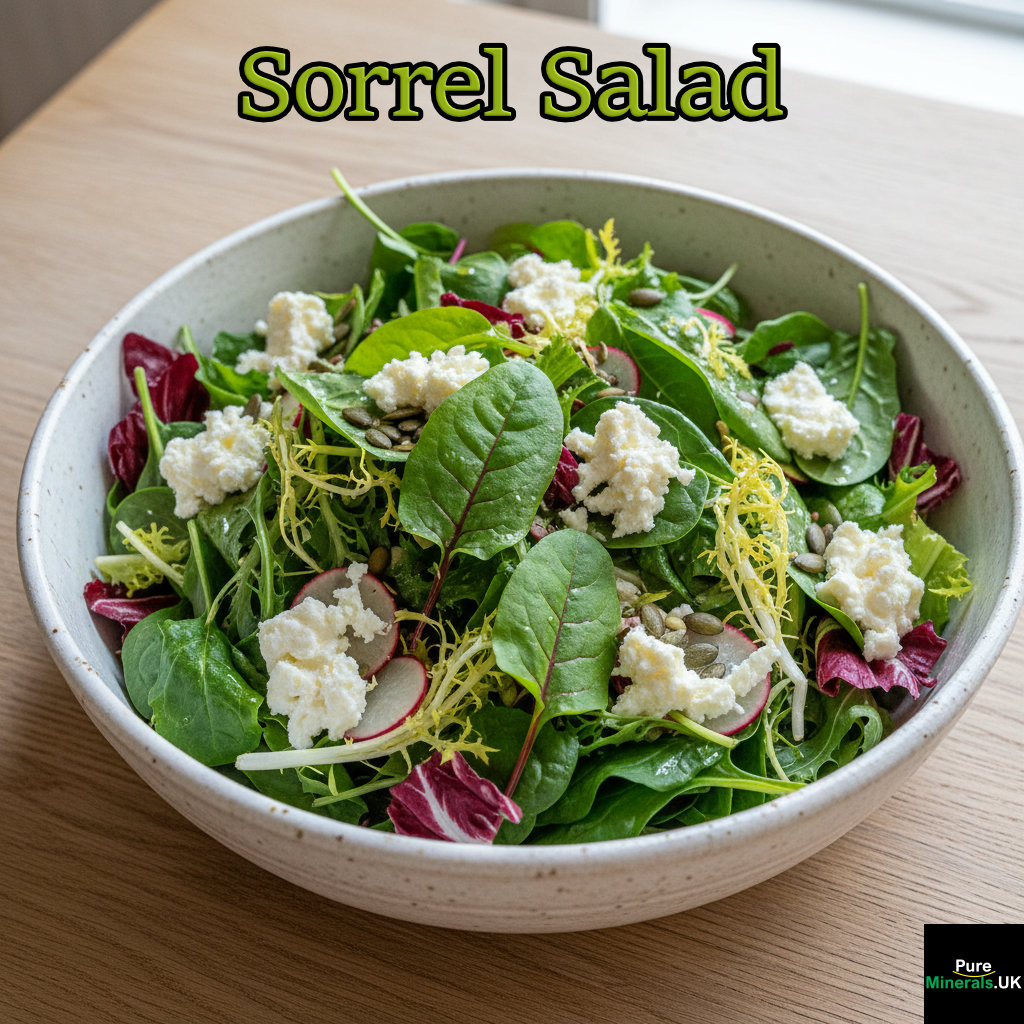 Fresh mixed green salad with large sorrel leaves and creamy white goat cheese crumbles in a white bowl on a wooden table.