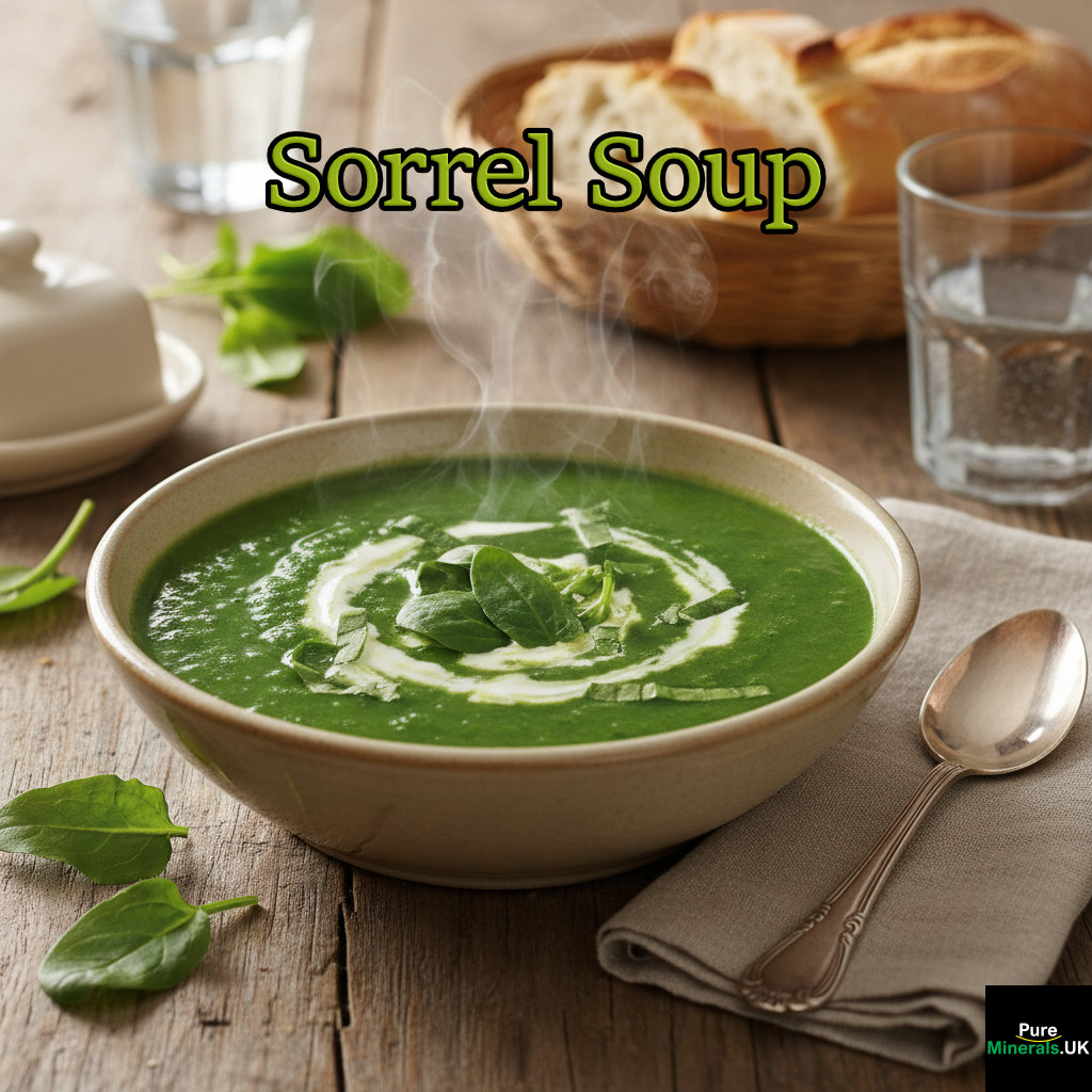 A bowl of creamy, bright green French Sorrel Soup, topped with a dollop of cream, on a wooden dining table.