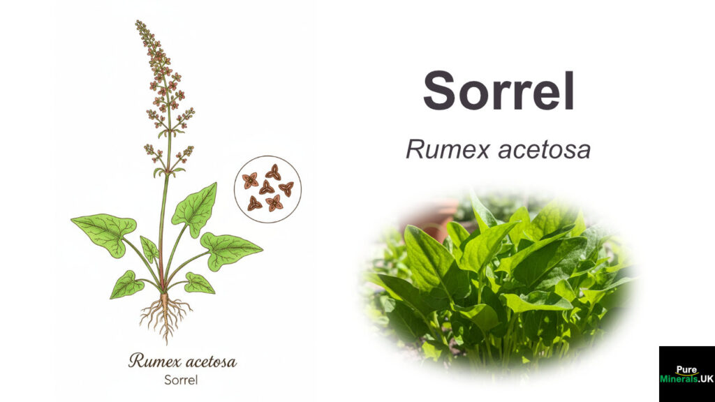 A scientific color botanical illustration of the Sorrel plant, showing the roots, stem, arrow-shaped leaves, flowers, and a close-up of the seeds and fruit.