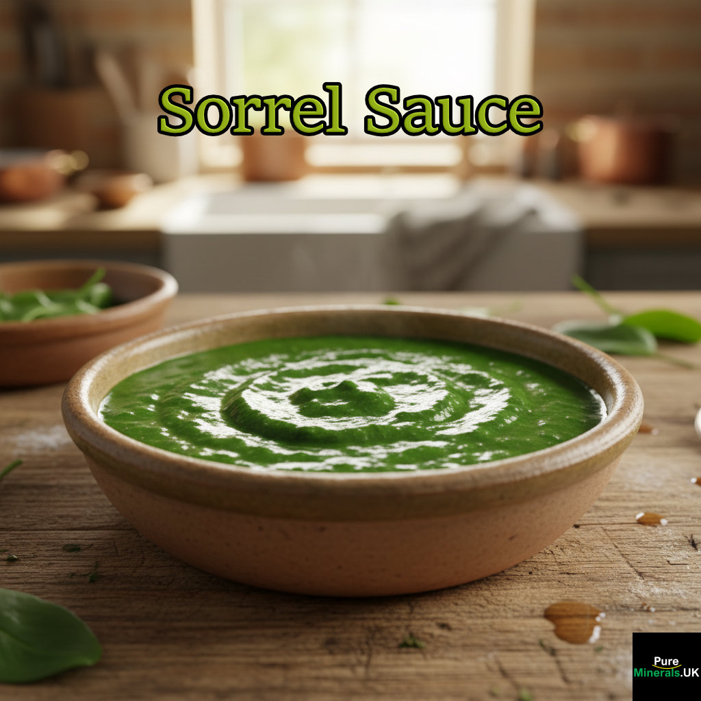 Close-up of a bowl of thick, vibrant green French Sorrel Sauce on a wooden counter in a farmhouse kitchen.
