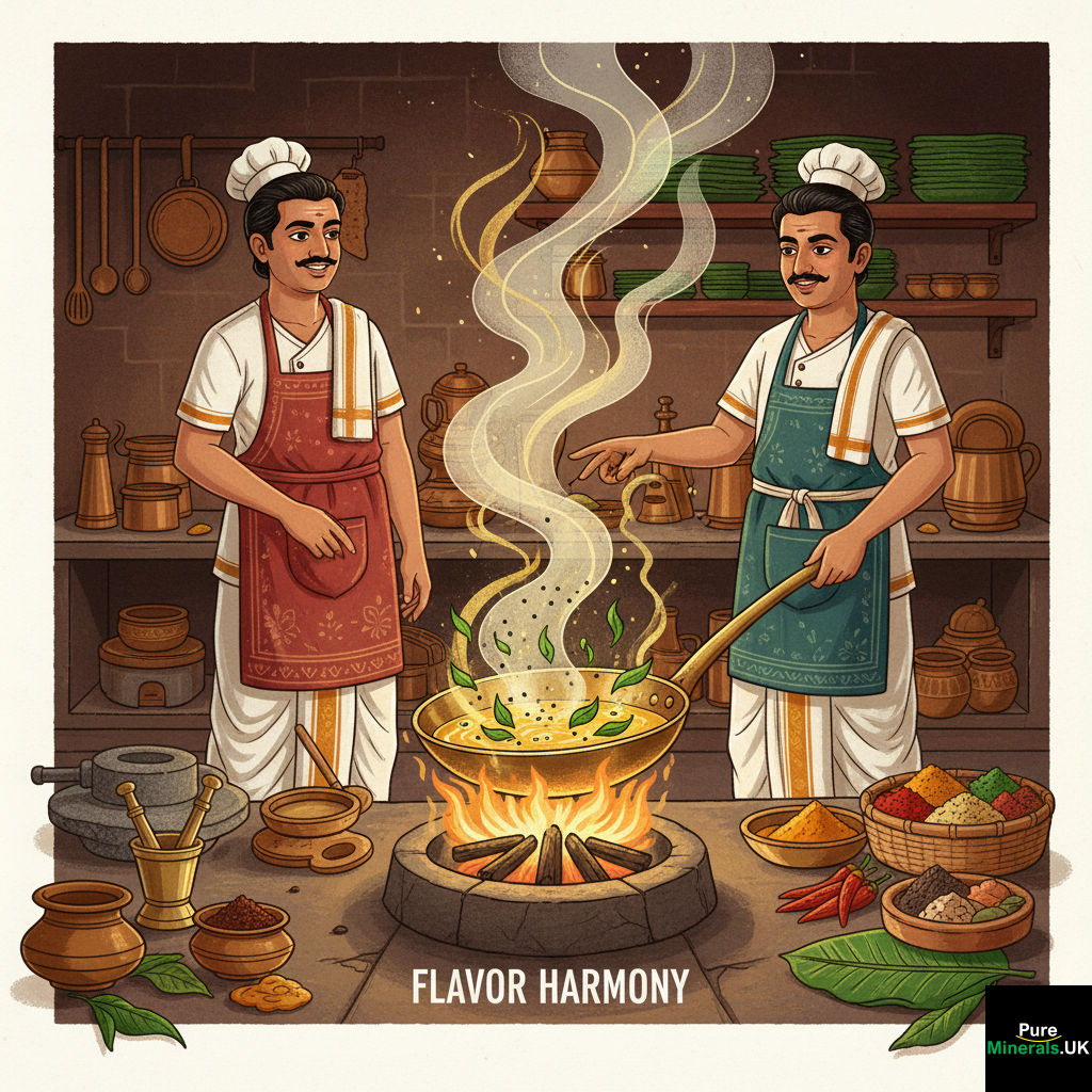 South Indian chefs preparing tadka by tempering black mustard seeds and curry leaves in hot oil, with aromatic steam rising in a traditional kitchen.