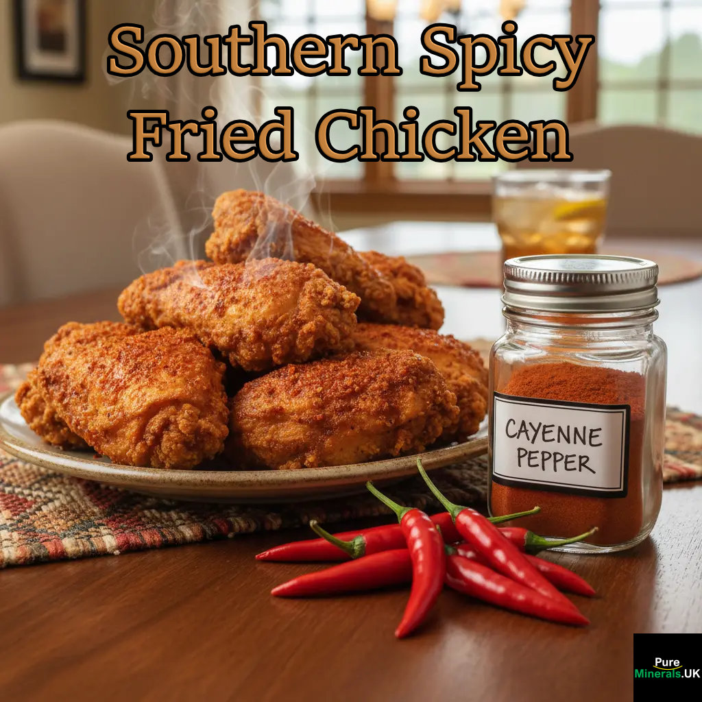 A plate of golden, crispy Southern Spicy Fried Chicken on a dining table, accompanied by a jar of red Cayenne pepper powder and fresh red chilies.