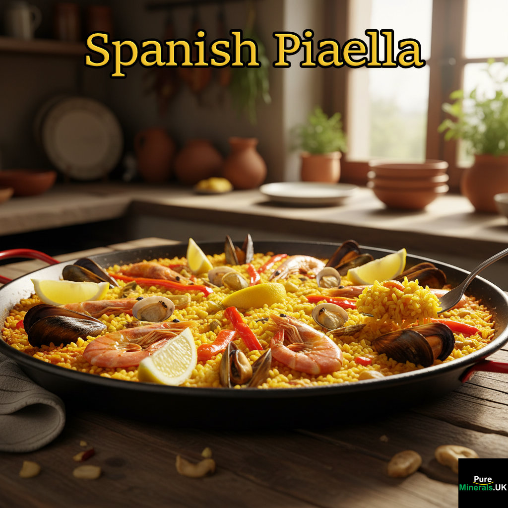 Close-up of a golden, saffron-infused seafood paella in a large, shallow pan on a rustic table, showing the crispy socarrat layer.