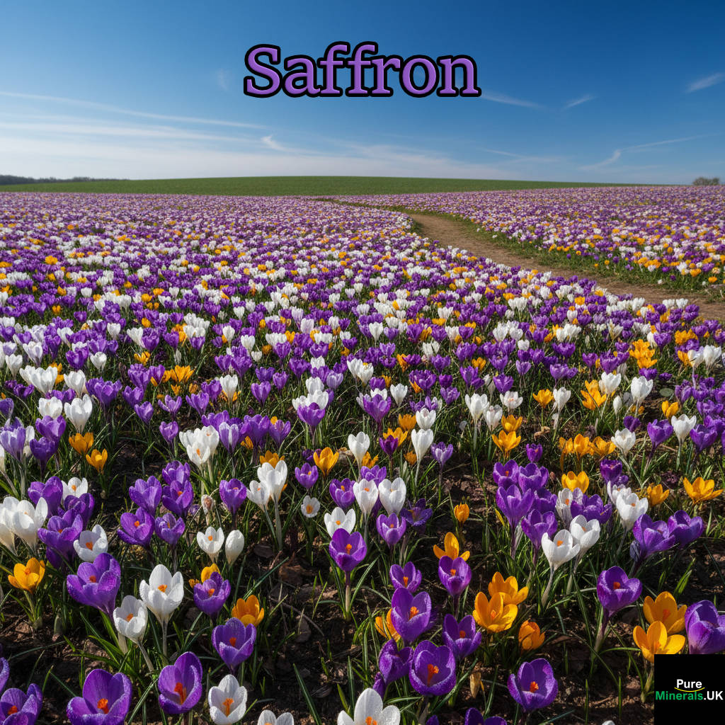 Wide-angle view of a sunny Spring field completely covered in a mix of purple, white, and yellow Crocus flowers.
