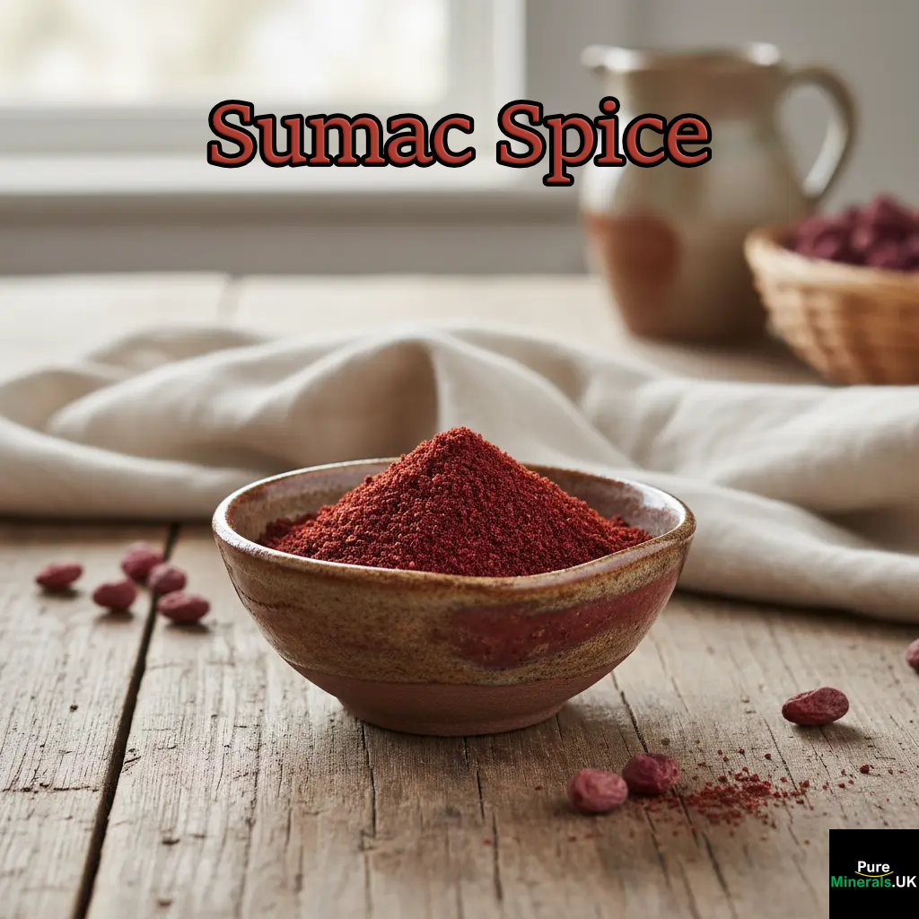 A small rustic ceramic bowl filled with bright red ground sumac spice, placed on a textured wooden farmhouse kitchen table under soft natural light.