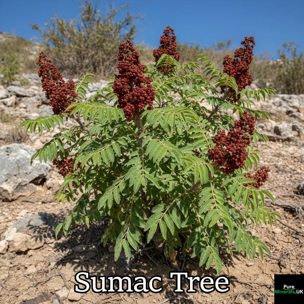 Sumac tree, Rhus coriaria, with dense red berry clusters and green pinnate leaves, growing on a sun-drenched, arid, rocky hillside.