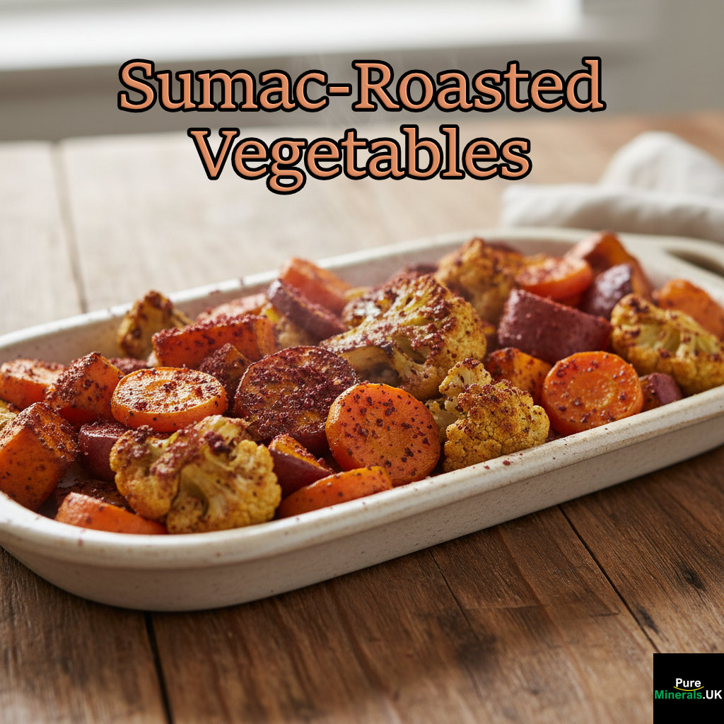 Close-up photograph of sumac-roasted cauliflower, carrots, and sweet potatoes on a white platter, placed on a wooden dining table under warm lighting.