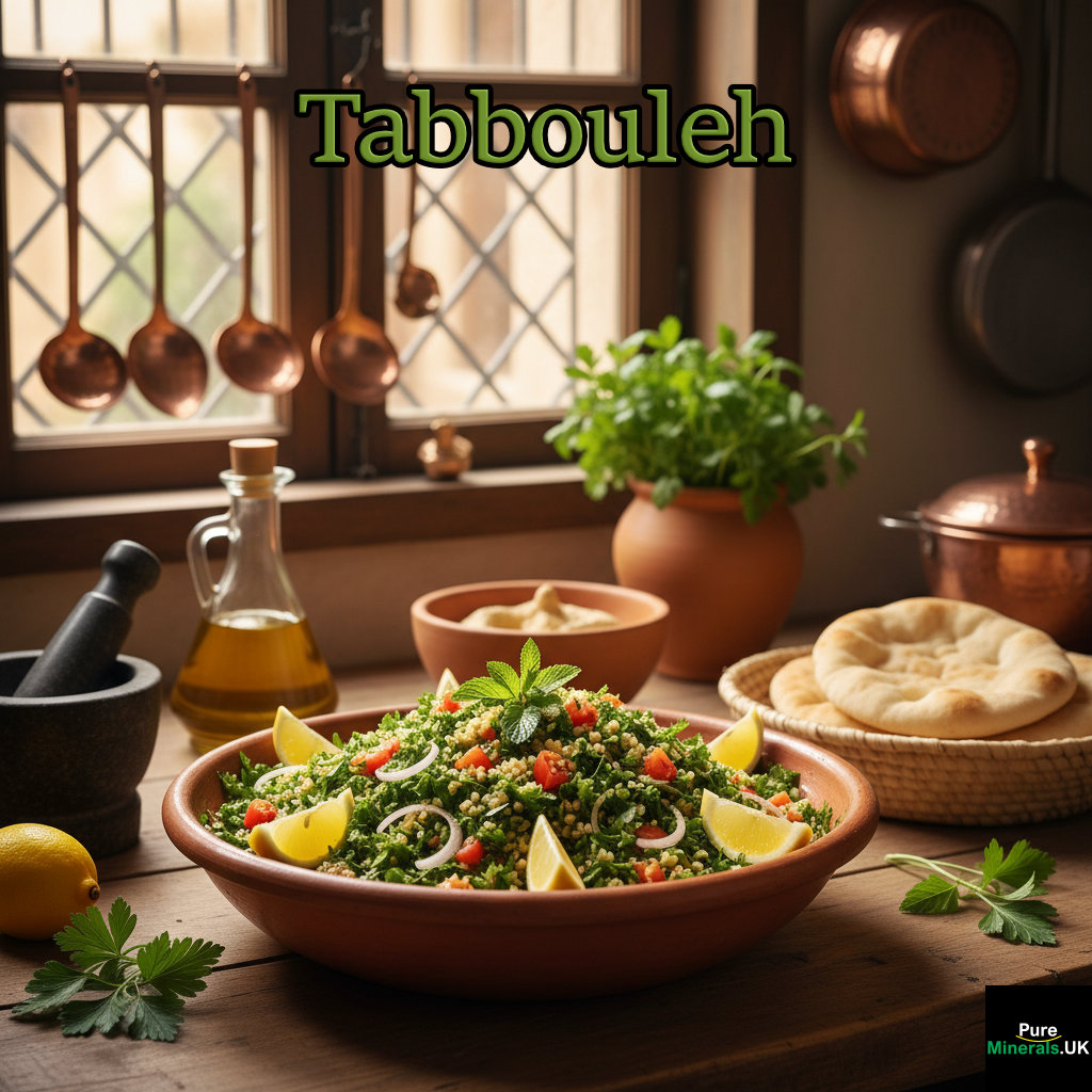 A large bowl of fresh Tabbouleh salad with parsley, tomatoes, and bulgur on a rustic wooden countertop in a Lebanese kitchen, surrounded by copper utensils and olive oil bottles, with a decorative window in the background.