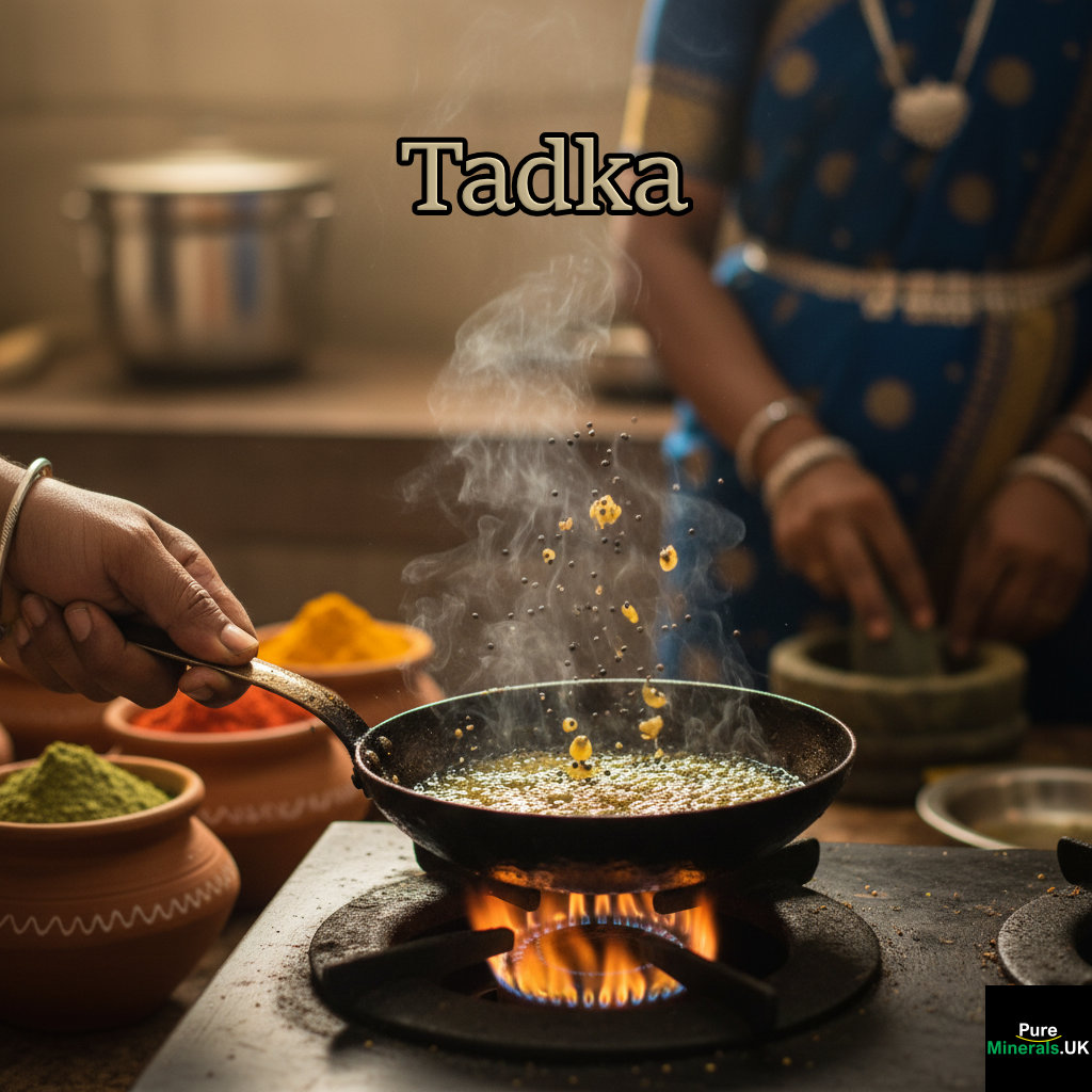 Close-up photograph of a cook performing tadka (tempering) in an Indian kitchen, with black mustard seeds popping in hot oil in a small metal ladle, a cornerstone technique for flavor development.