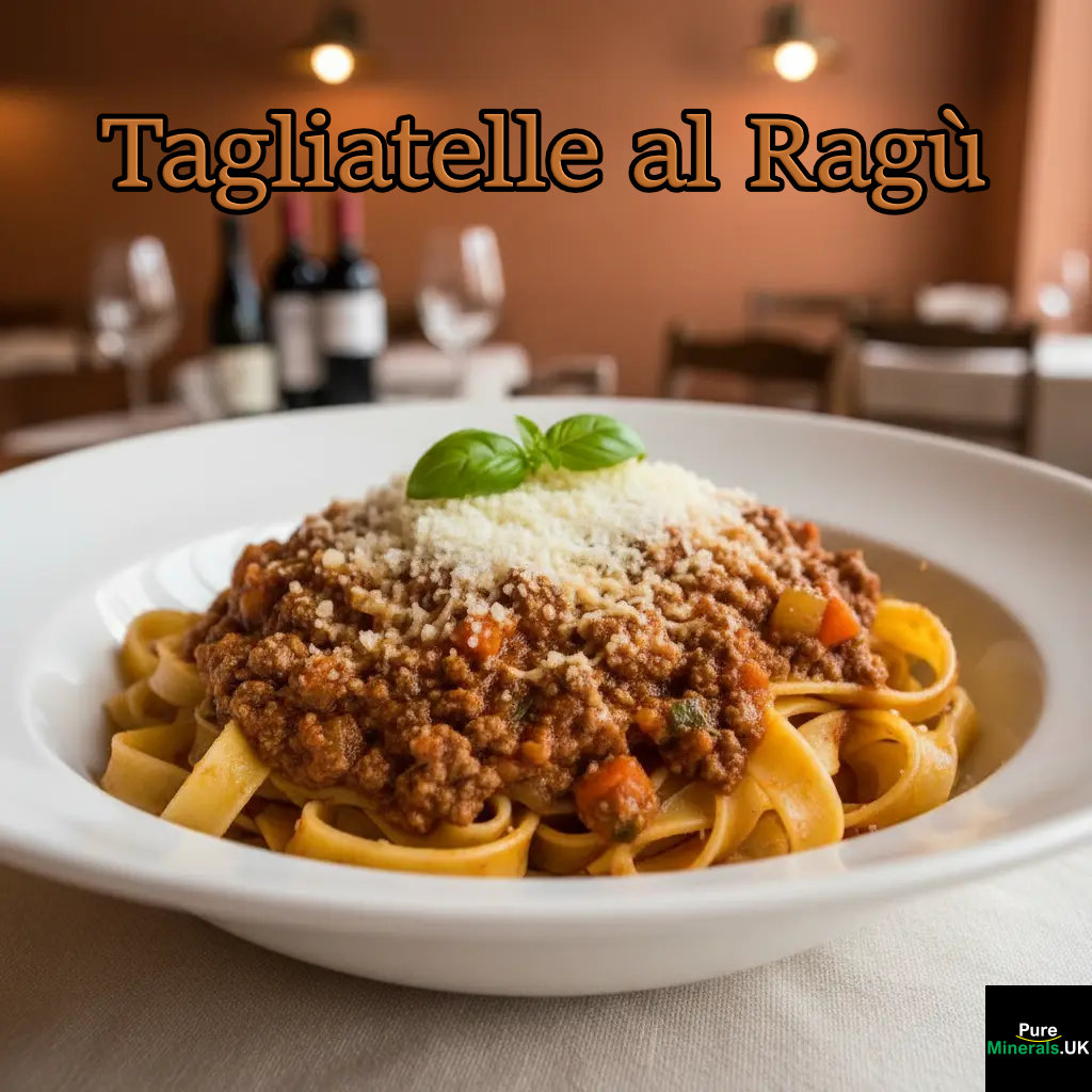 A bowl of tagliatelle pasta topped with rich Bolognese sauce, grated Parmesan, and basil in a classic Italian restaurant setting.