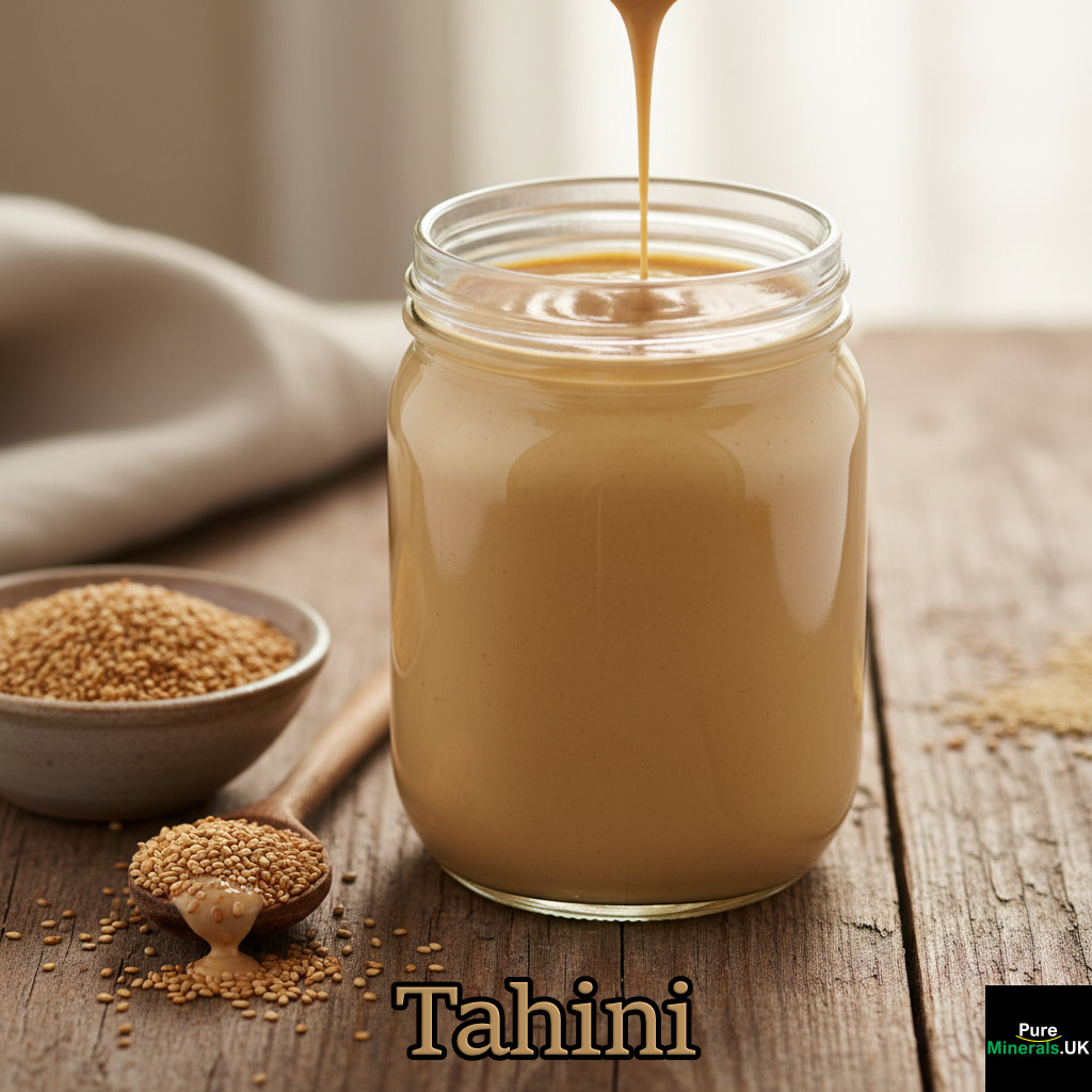 A jar of fresh, creamy homemade tahini paste on a wooden kitchen table next to a bowl of sesame seeds and a spoon.