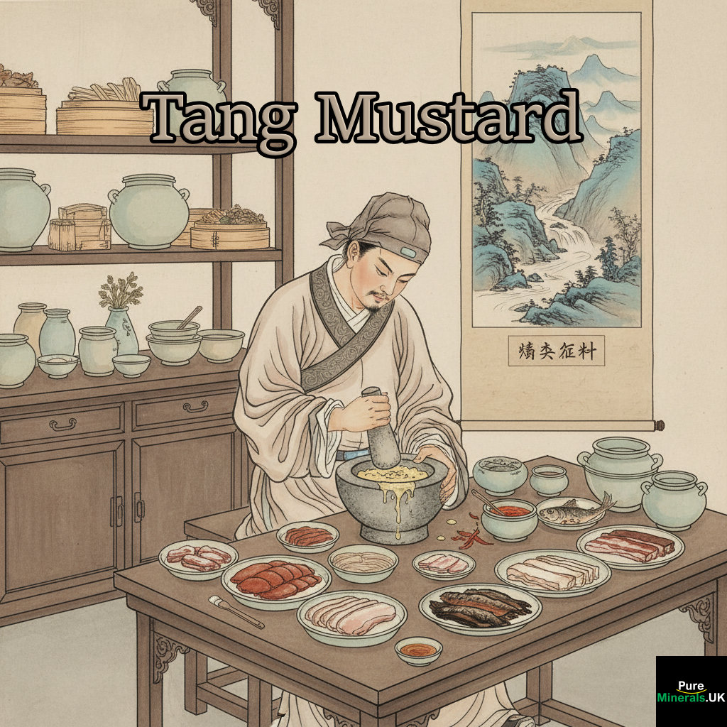 Tang Dynasty-style illustration of a Chinese cook grinding mustard seeds into a paste with a mortar and pestle, prepared to be served with cold meats.