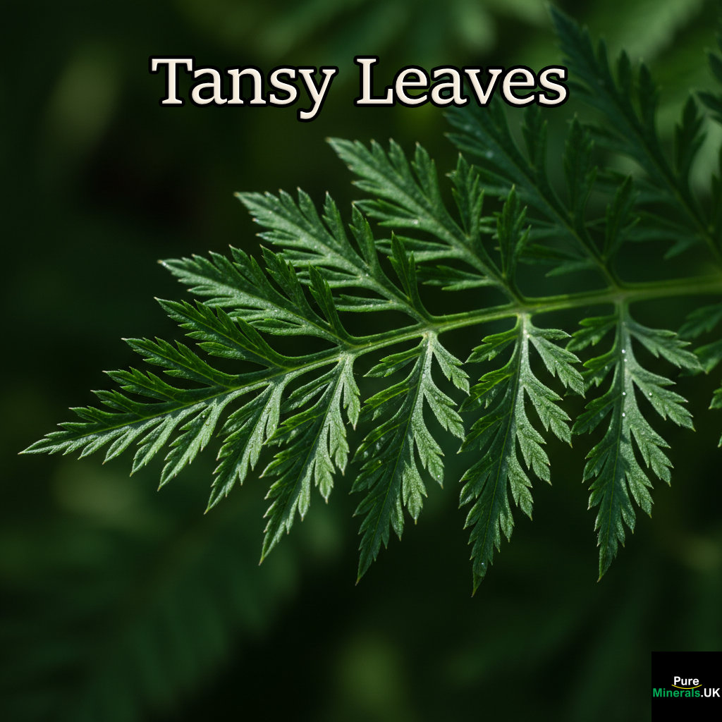 Macro shot of a Tansy leaf, showing the intricate, deep green, fern-like segmentation and fine texture of the foliage in sharp detail.