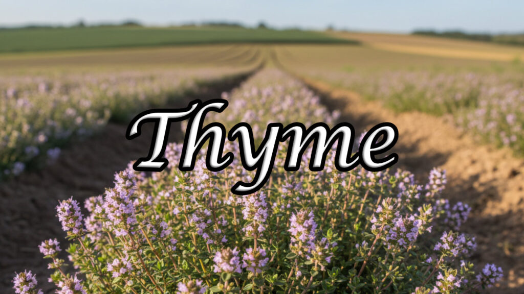 Close-up of the herb Thyme with small purple flowers blooming profusely in a sunny, cultivated farm field.