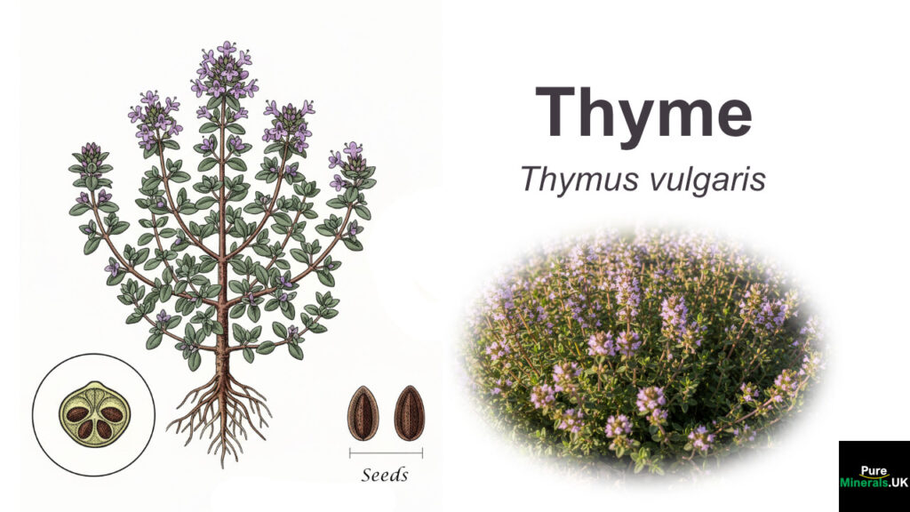 A scientific botanical illustration of Thyme (Thymus vulgaris) showing the complete plant structure, including roots, stem, leaves, flowers, fruit capsules, and magnified seeds.