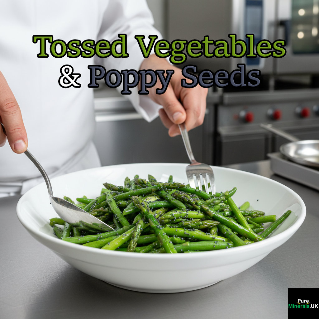 Close-up of steamed green beans and asparagus tossed with melted butter and poppy seeds in a white bowl, set in a professional kitchen.