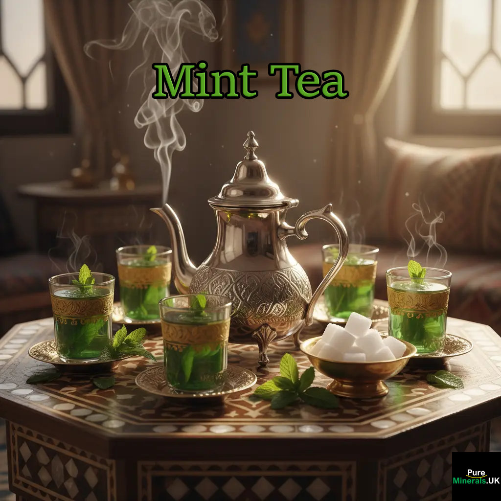 Traditional Middle East Mint Tea A close-up of a traditional Middle Eastern mint tea service on a dark, ornate table, featuring an elaborate silver teapot, small decorative glass cups filled with steaming tea, and fresh mint sprigs.
