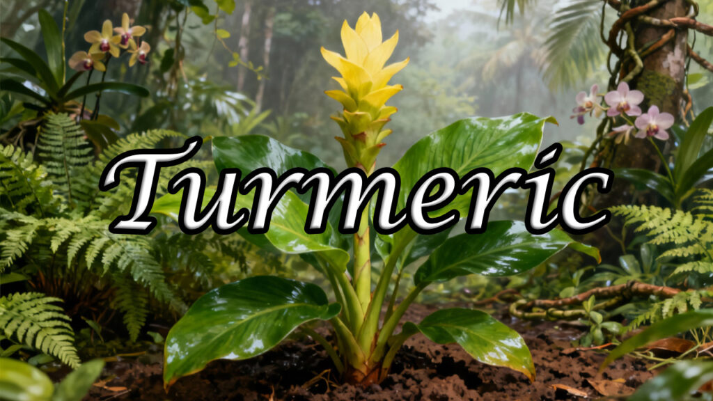 A full view of the Curcuma longa (turmeric) plant, showing large green leaves and a pink flower spike, growing in dark, moist soil within a tropical forest.