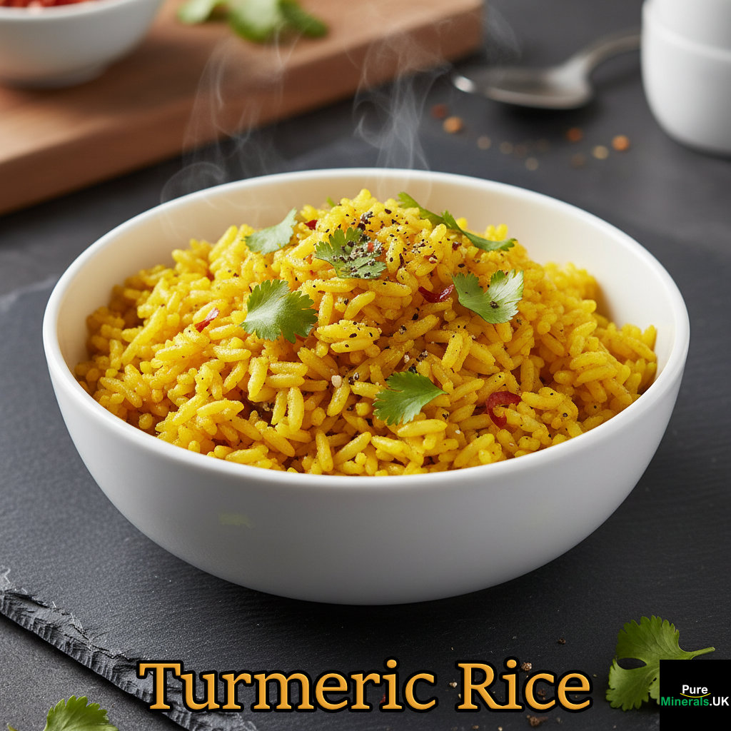 A bowl of bright golden turmeric rice garnished with fresh cilantro and black pepper on a dark kitchen counter.