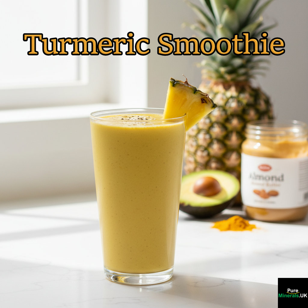 A tall glass of bright yellow turmeric smoothie garnished with a pineapple slice, set on a clean kitchen counter with avocado and almond butter in the background.