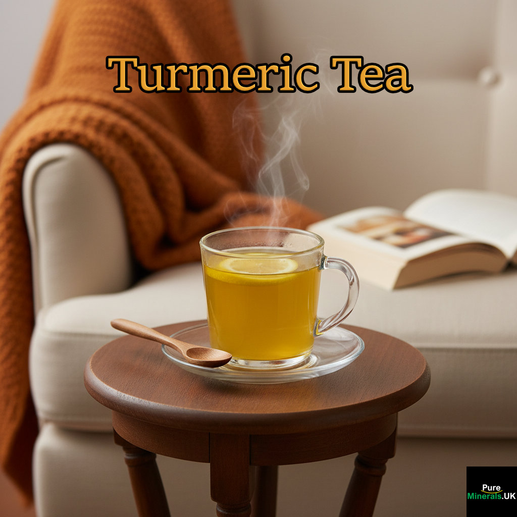 A clear glass mug of warm turmeric tea with a lemon slice, placed on a side table next to a cozy armchair and blanket in a lounge.