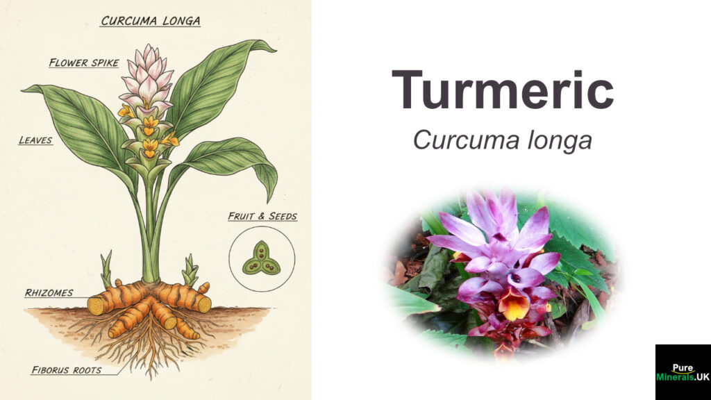 A scientific color botanical illustration of the Curcuma longa plant, detailing the leaves, flower spike, roots, orange rhizomes (tubers), and an inset showing the fruit and seeds.