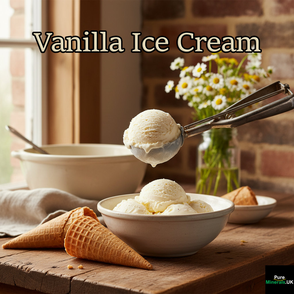Vanilla ice cream being scooped with a metal spoon, cornets (cones) on a wooden farmhouse kitchen counter, with rustic kitchen elements in the background.