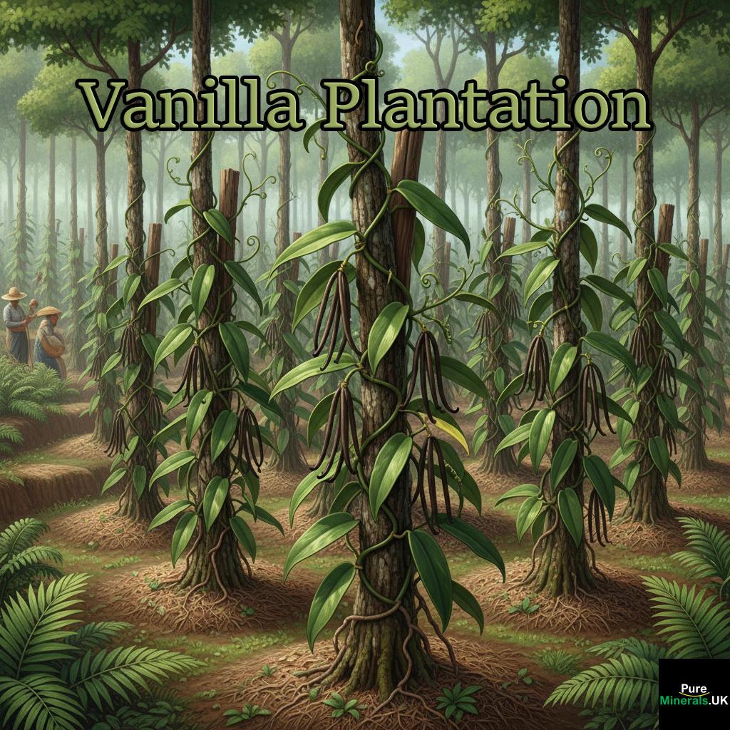 Illustration of a vanilla plantation with Vanilla planifolia vines climbing on support posts, showing green leaves, aerial roots, and mature vanilla bean pods in a tropical environment.
