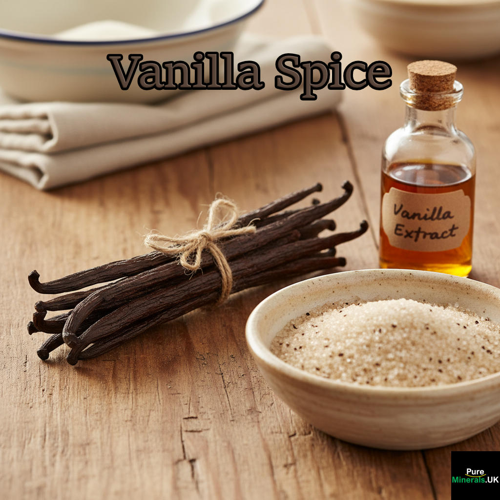 Close-up photograph of vanilla spice ingredients on a wooden farmhouse kitchen counter, including whole vanilla beans, a jar of vanilla extract, and vanilla sugar.