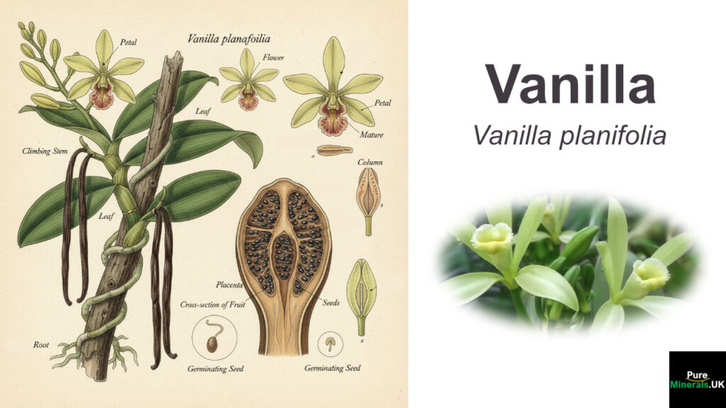 Full-color scientific botanical illustration of the Vanilla orchid, highlighting the climbing vine, aerial roots, green leaves, yellow flower, and the brown vanilla bean fruit with a magnified view of the seeds.