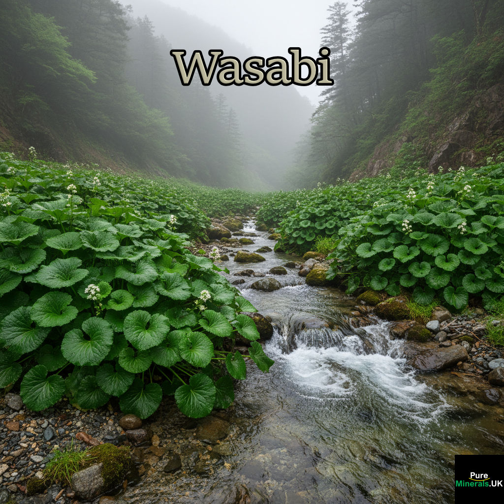 Lush Wasabi plants with large, heart-shaped leaves growing naturally along a rocky stream bed in a misty, mountainous Japanese landscape.