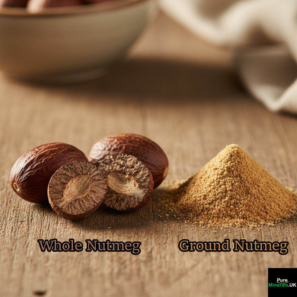 Macro photograph of the spice nutmeg, showing several whole, dark brown nutmeg seeds next to a small pile of light brown ground nutmeg powder on a wooden kitchen surface.