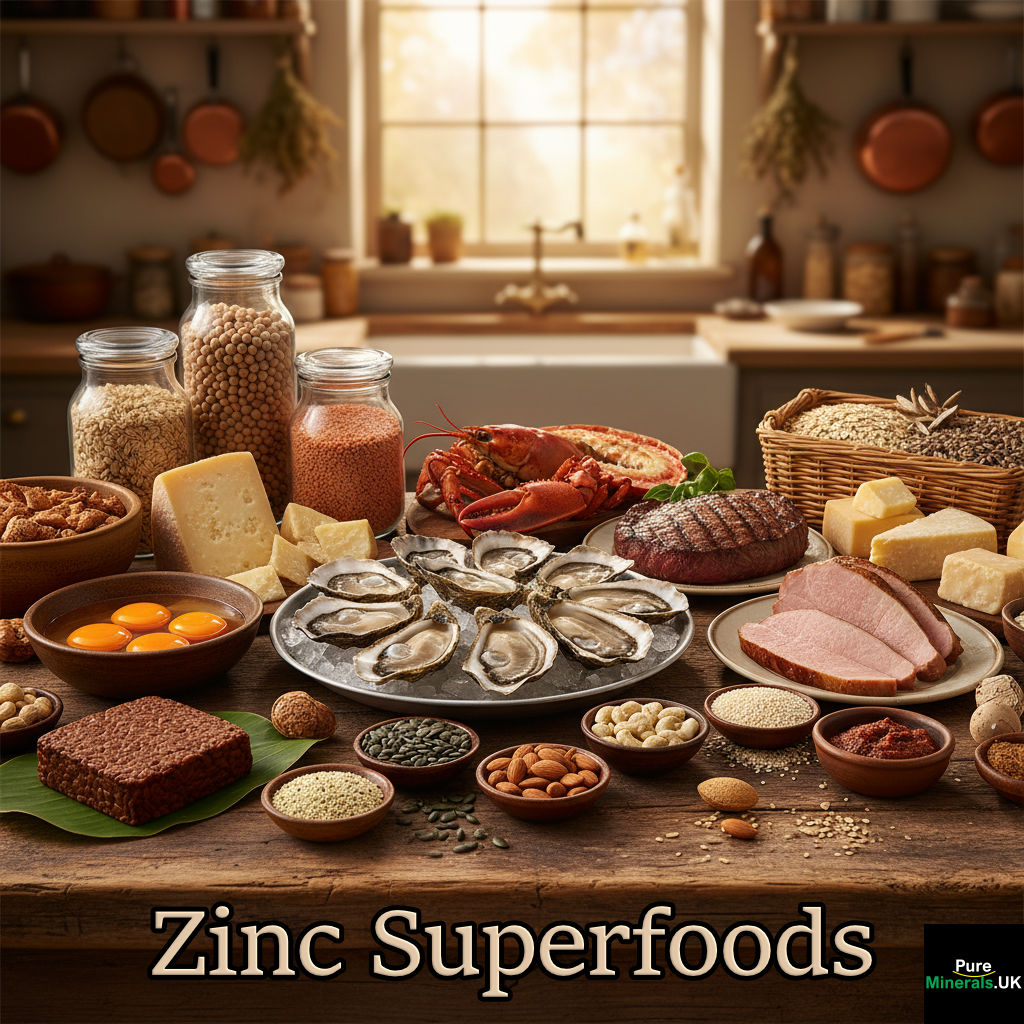 A rustic still life photo in a farmhouse kitchen showing a wide range of zinc-rich foods, including oysters, beef, crab, cheese, lentils, and various seeds and nuts.