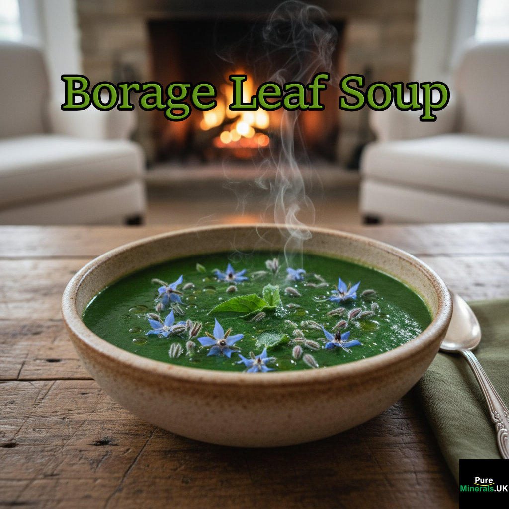 A close-up of a bowl of vibrant green Borage Leaf Soup, garnished with blue borage flowers, resting on a wooden table in a dimly lit, cozy dining room with warm tones.