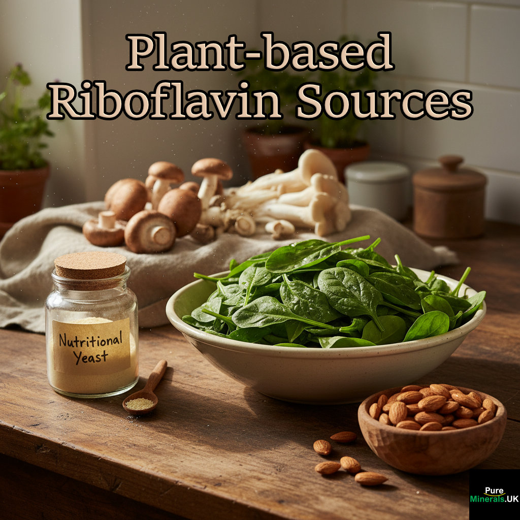 A farmhouse kitchen counter with plant-based riboflavin sources: fresh spinach, almonds, various mushrooms, and a jar of nutritional yeast.