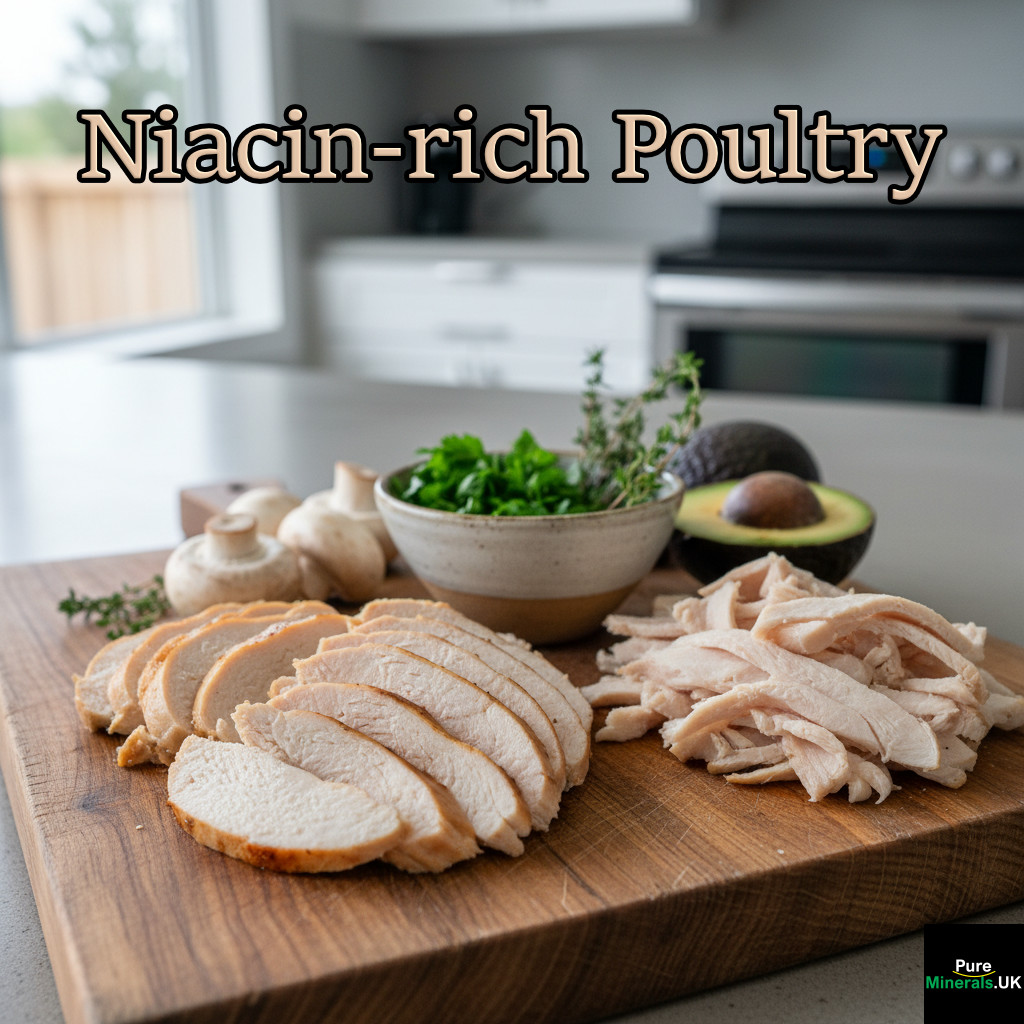 Close-up of sliced, lean chicken and turkey breast on a wooden cutting board in a kitchen, highlighting the high Niacin content of the poultry.