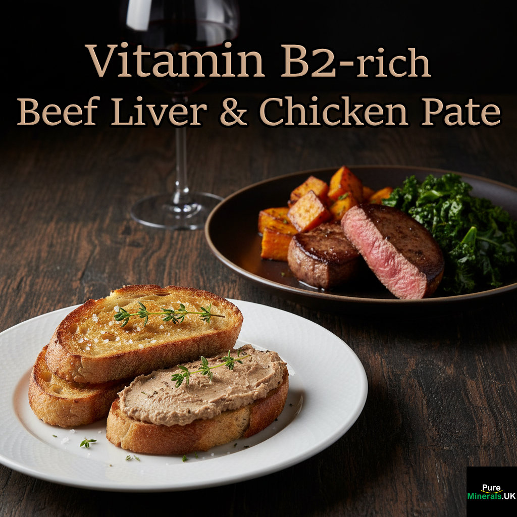 A gourmet dinner spread featuring sourdough with chicken liver pâté, a main dish of beef liver with sweet potatoes and kale, and a glass of red wine.